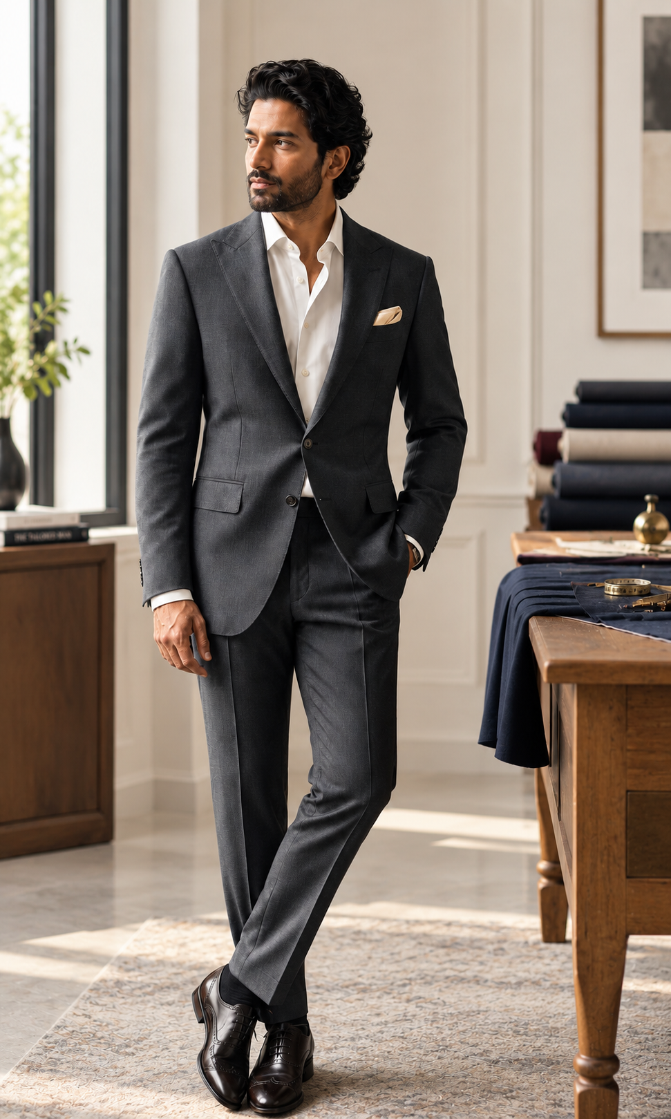 A man in a bespoke suit at the Pantaline atelier